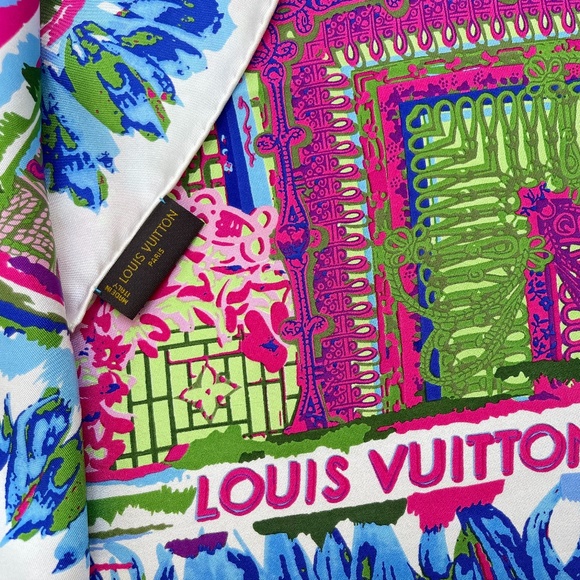 Louis Vuitton Scarf Monogram Paradise Barbie Blue Green Pink Silk Wrap - Picture 9 of 16